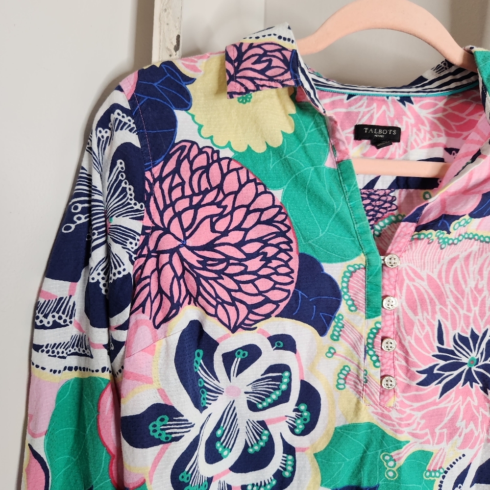 Talbots Top womens Medium Petite colorful floral 100% cotton long sleeve - Picture 3 of 5